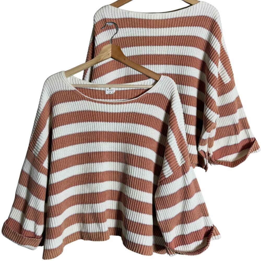 BY TOGETHER Ribbed, Striped Off-the-Shoulder Oversized Sweater, White/Mauve, M